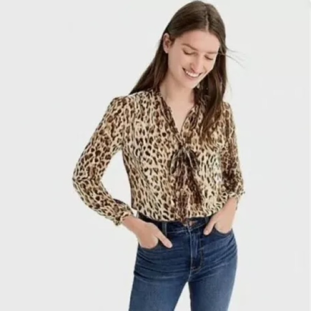 NWT J.Crew Silk Tie-Neck Blouse in Leopard, Sz 2X